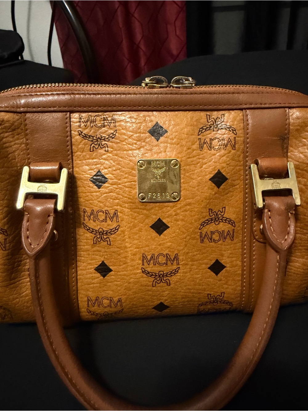 MCM Cognac Visetos Logo Double-Handle Satchel with Gold Plate